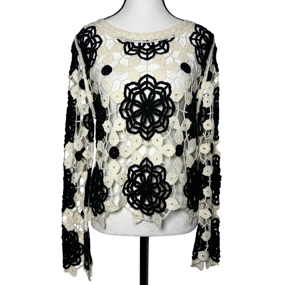 Boho Crochet Top Overlay Sweater Cream Black Pullover Croped Womens‎ Small Layer